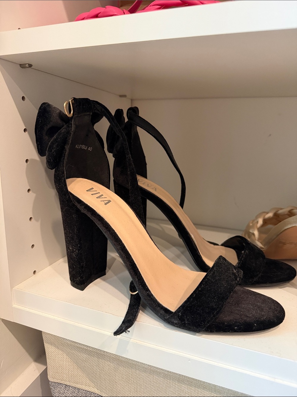 VIVA Black Velvet Block Heel Ankle-Tie Sandals